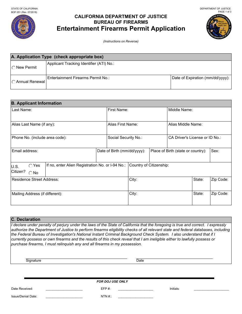 Form BOF051 Entertainment Firearms Permit Application - California, Page 1