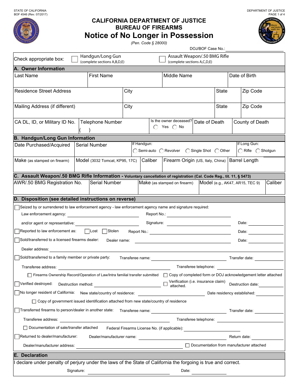 Form BOF4546 Notice of No Longer in Possession - California, Page 1