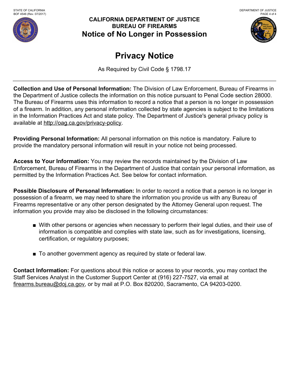 Form BOF4546 Notice of No Longer in Possession - California, Page 4
