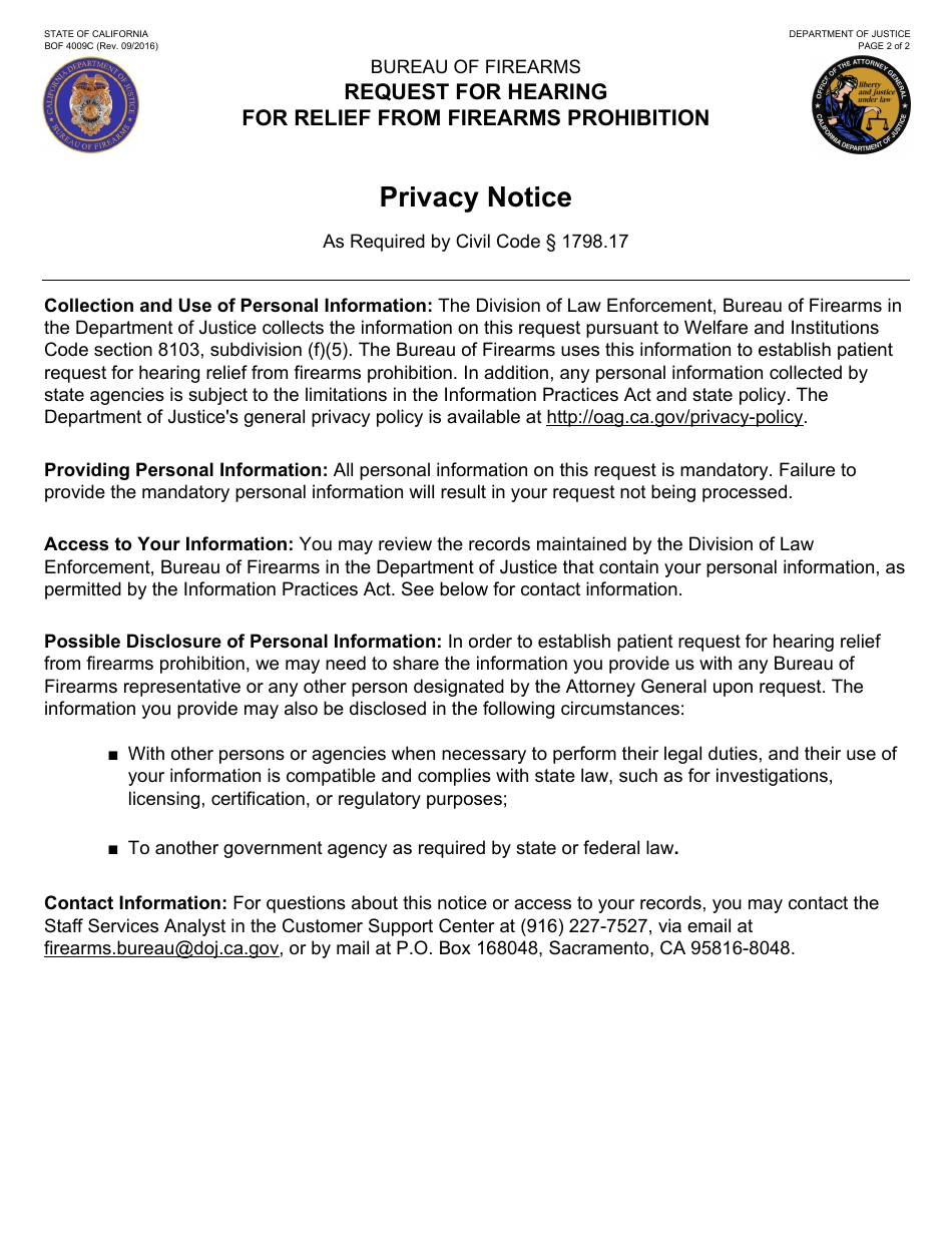 Form BOF4009C Request for Hearing for Relief From Firearms Prohibition - California, Page 2
