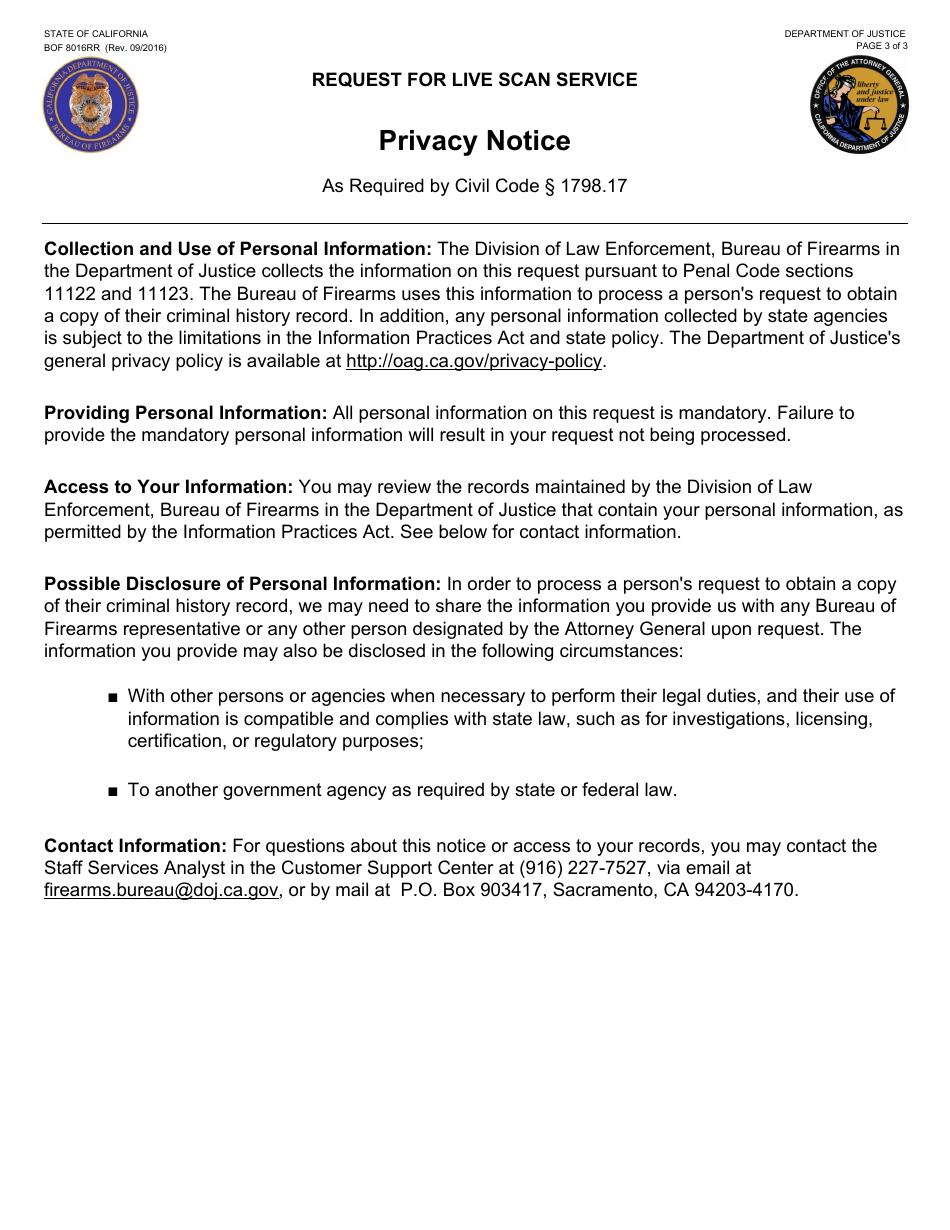 Form BOF8016RR Request for Live Scan Service - California, Page 3