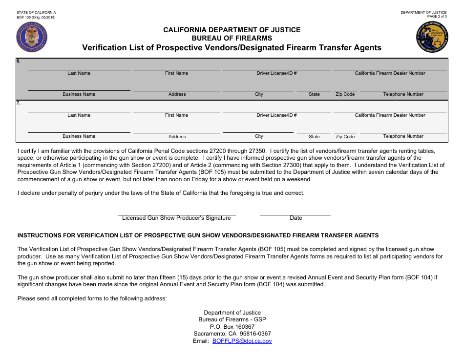 Form BOF105 Verification List of Prospective Vendors / Designated Firearm Transfer Agents - California, Page 2