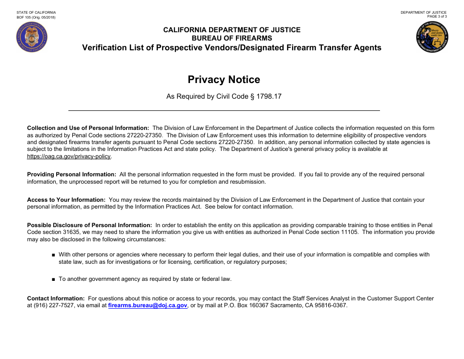 Form BOF105 Verification List of Prospective Vendors / Designated Firearm Transfer Agents - California, Page 3
