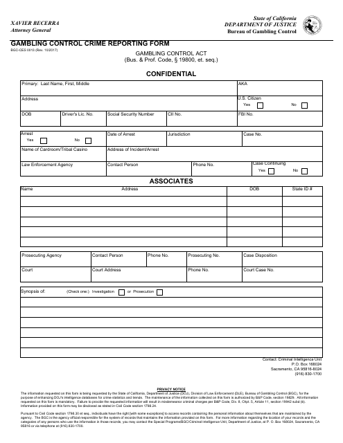 Form BGC-CES0013 Gambling Control Crime Reporting Form - California