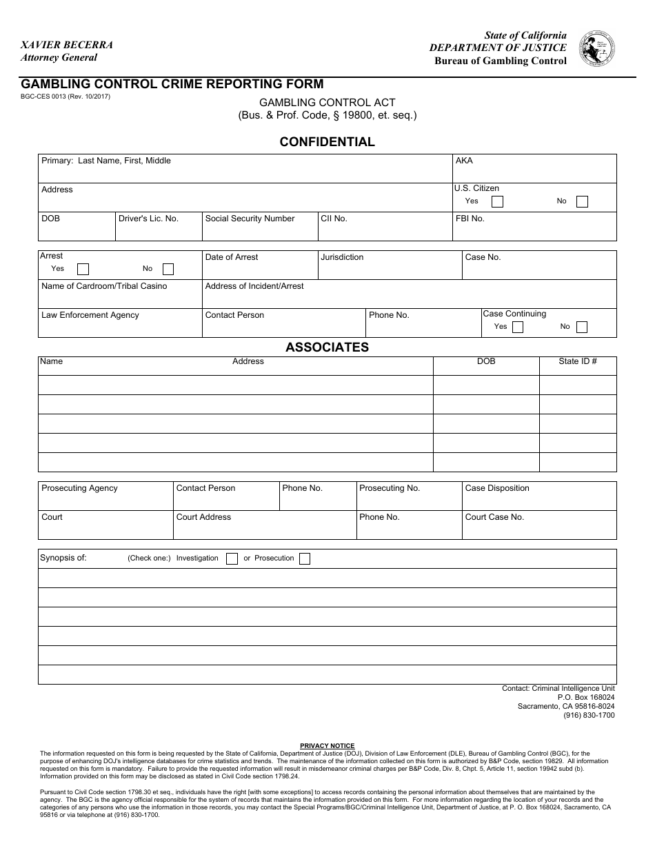 Form BGC-CES0013 Gambling Control Crime Reporting Form - California, Page 1