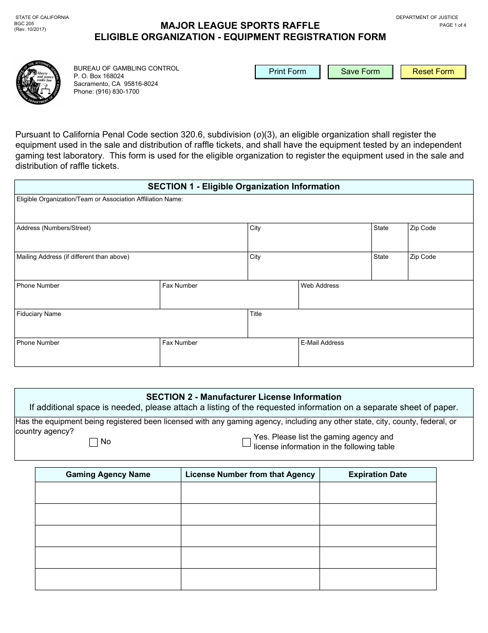 Form BGC205 Major League Sports Raffle Eligible Organization - Equipment Registration Form - California, Page 1