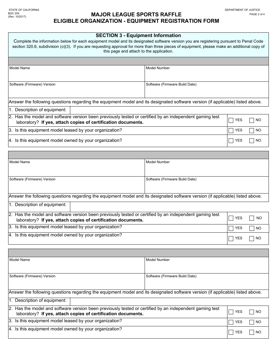 Form BGC205 Major League Sports Raffle Eligible Organization - Equipment Registration Form - California, Page 2