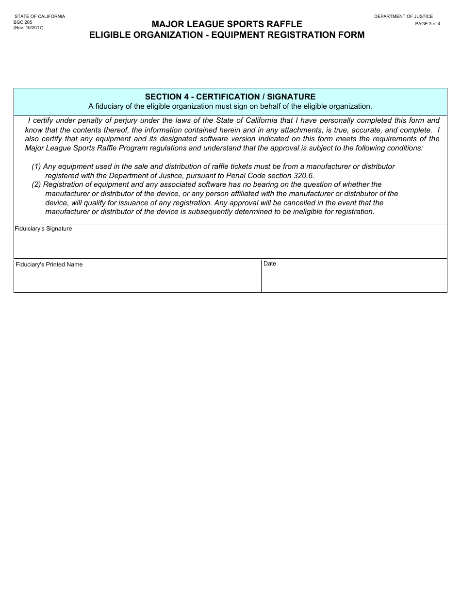 Form BGC205 Major League Sports Raffle Eligible Organization - Equipment Registration Form - California, Page 3
