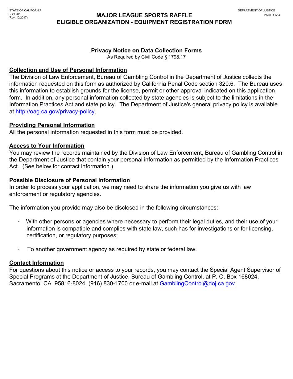 Form BGC205 Major League Sports Raffle Eligible Organization - Equipment Registration Form - California, Page 4