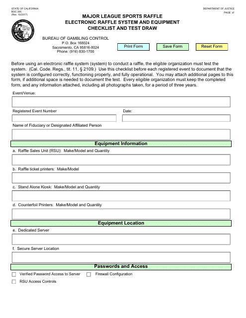 Form BGC206 Major League Sports Raffle Electronic Raffle System and Equipment Checklist and Test Draw - California