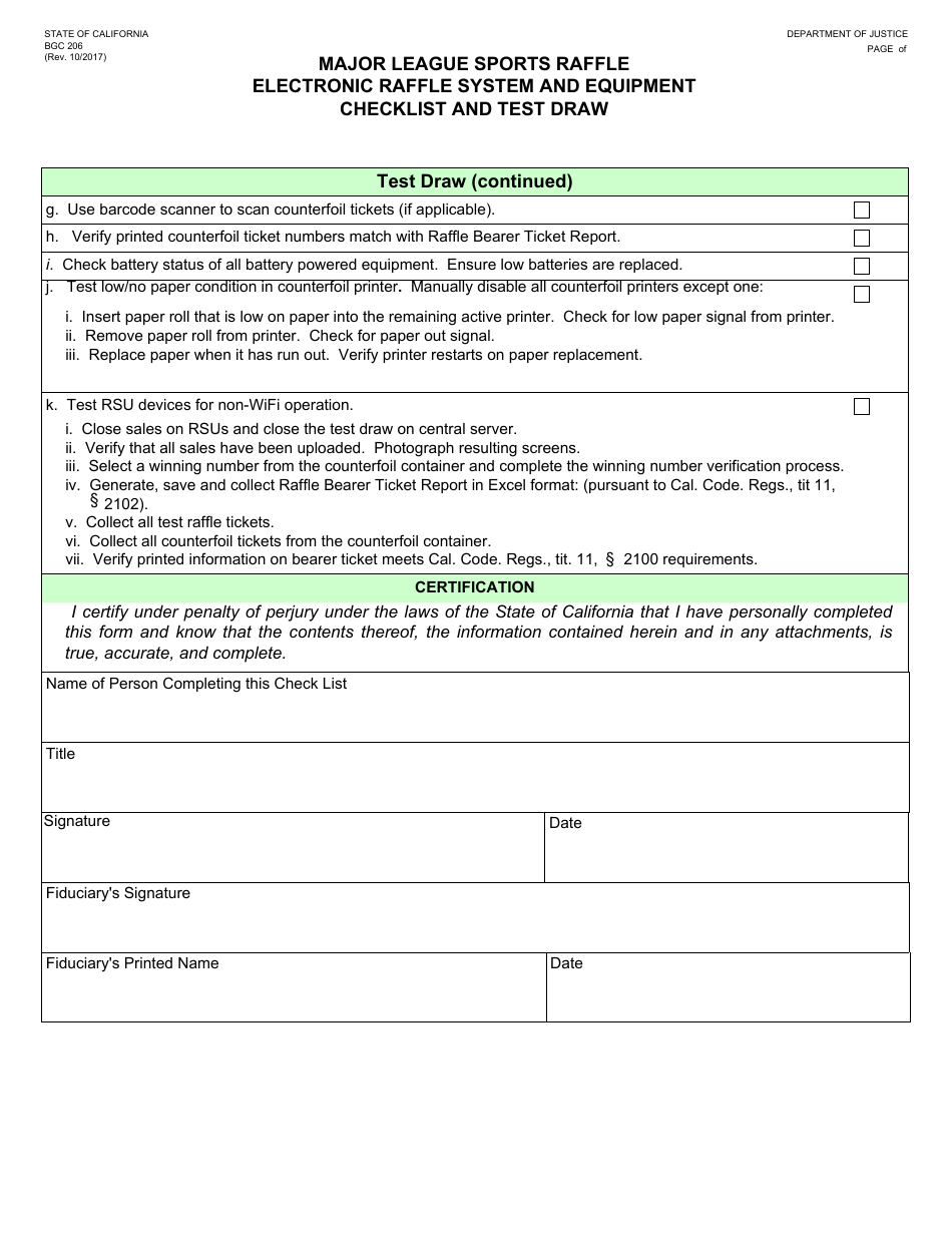 Form BGC206 Major League Sports Raffle Electronic Raffle System and Equipment Checklist and Test Draw - California, Page 3