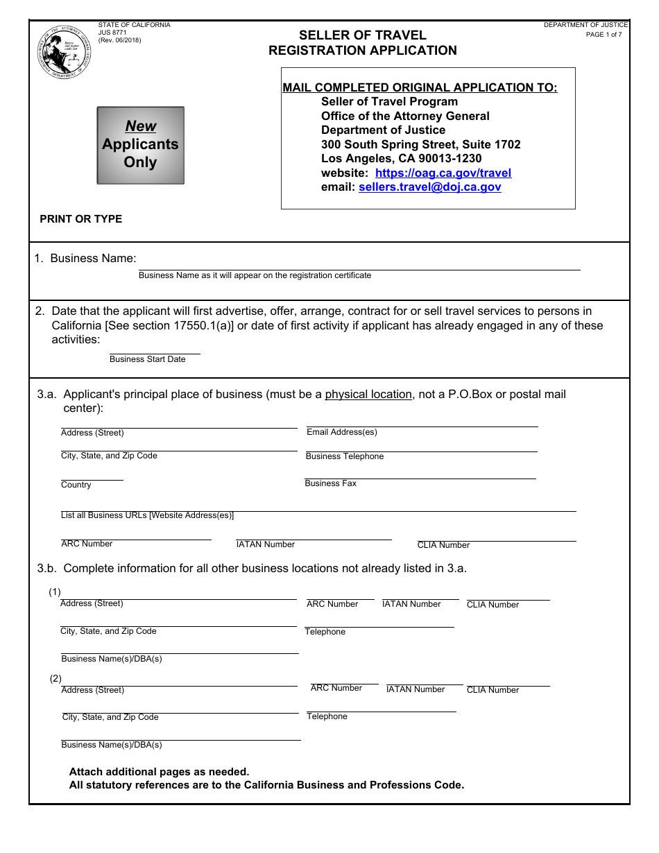 Form JUS8771 Seller of Travel Registration Application - California, Page 1