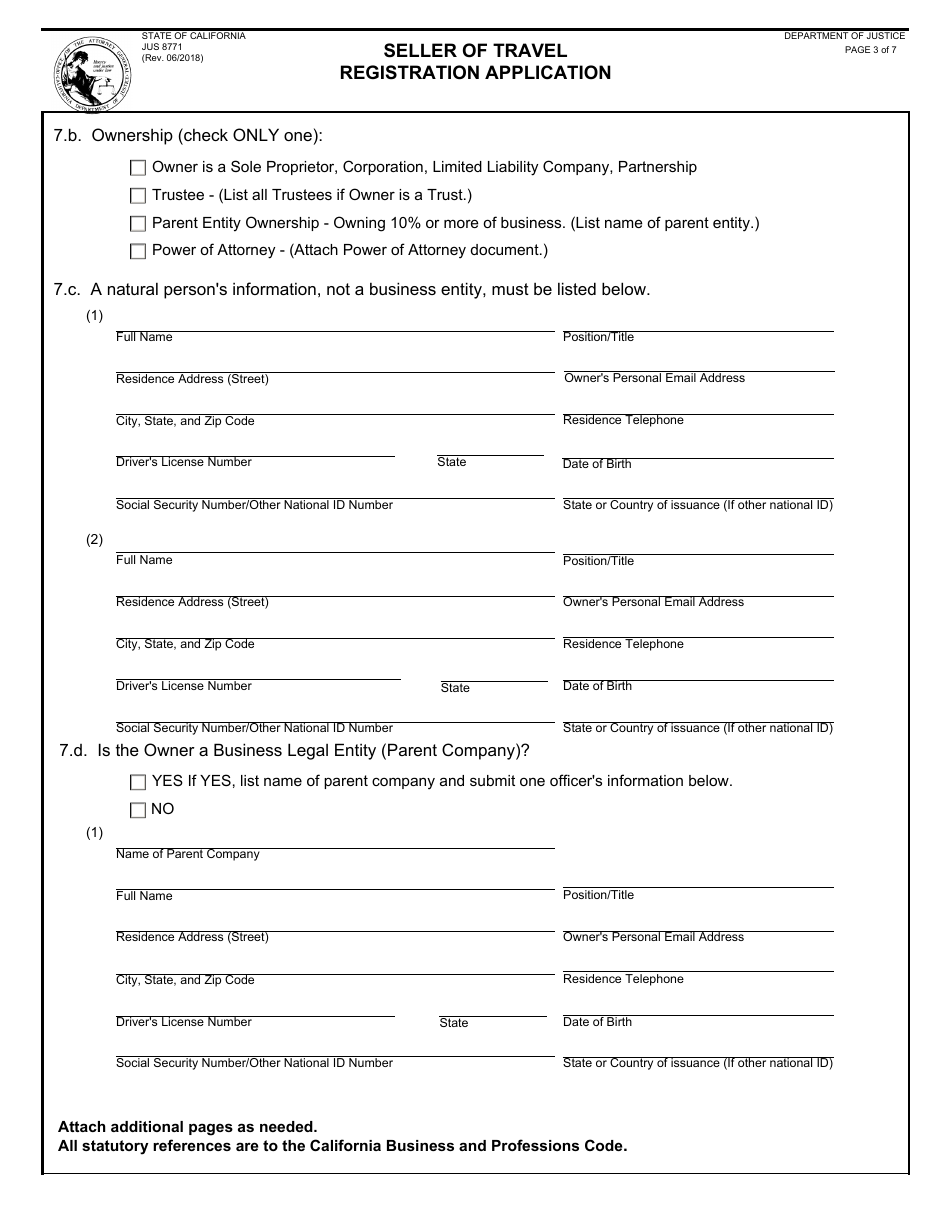 Form JUS8771 Seller of Travel Registration Application - California, Page 3