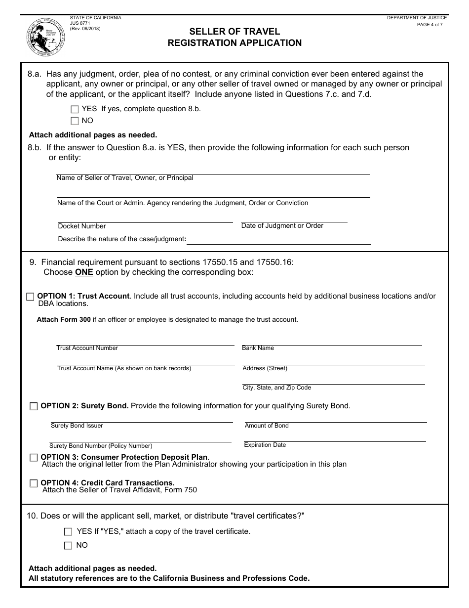 Form JUS8771 Seller of Travel Registration Application - California, Page 4