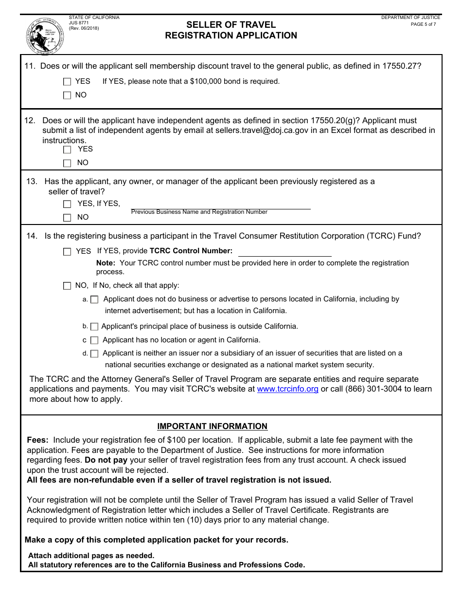 Form JUS8771 Seller of Travel Registration Application - California, Page 5