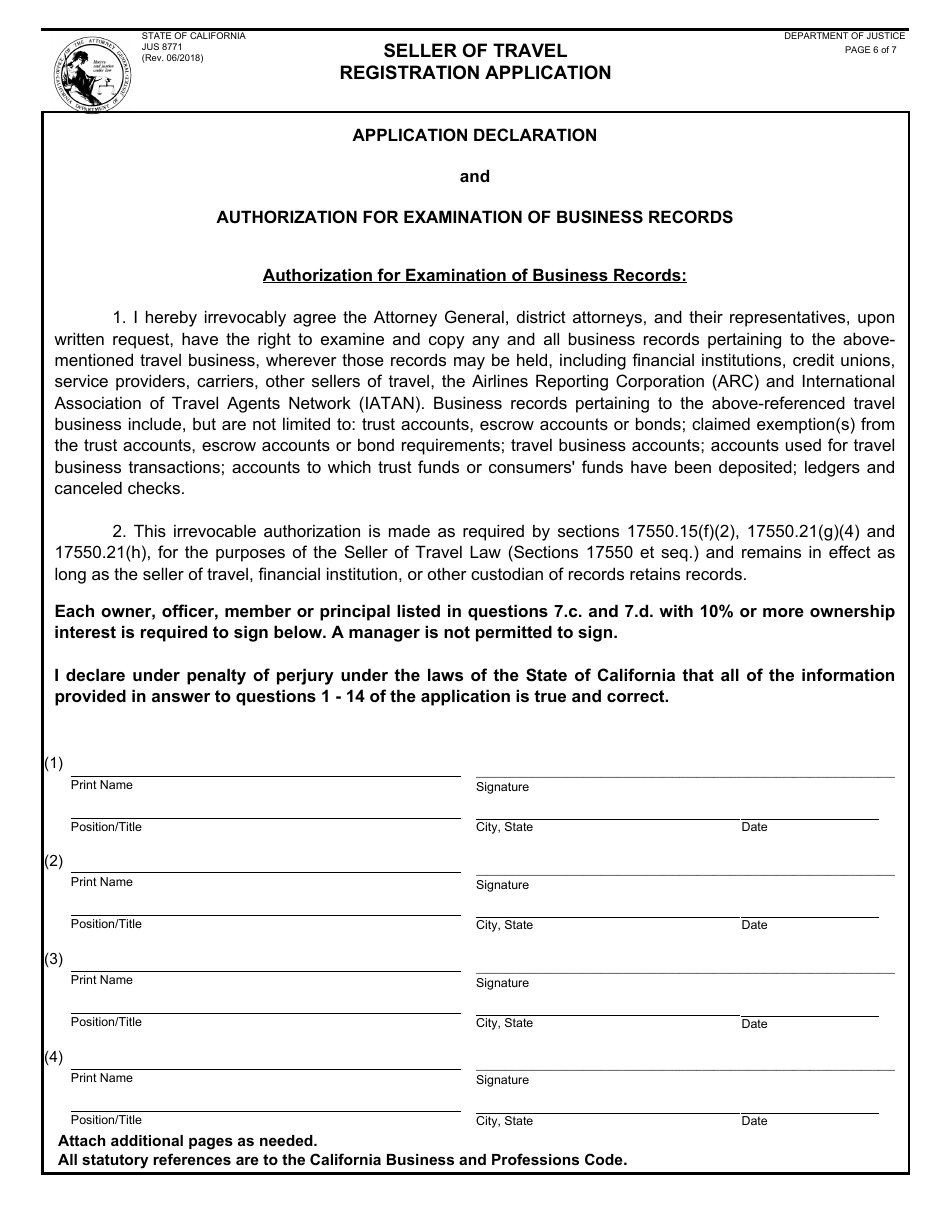 Form JUS8771 Seller of Travel Registration Application - California, Page 6