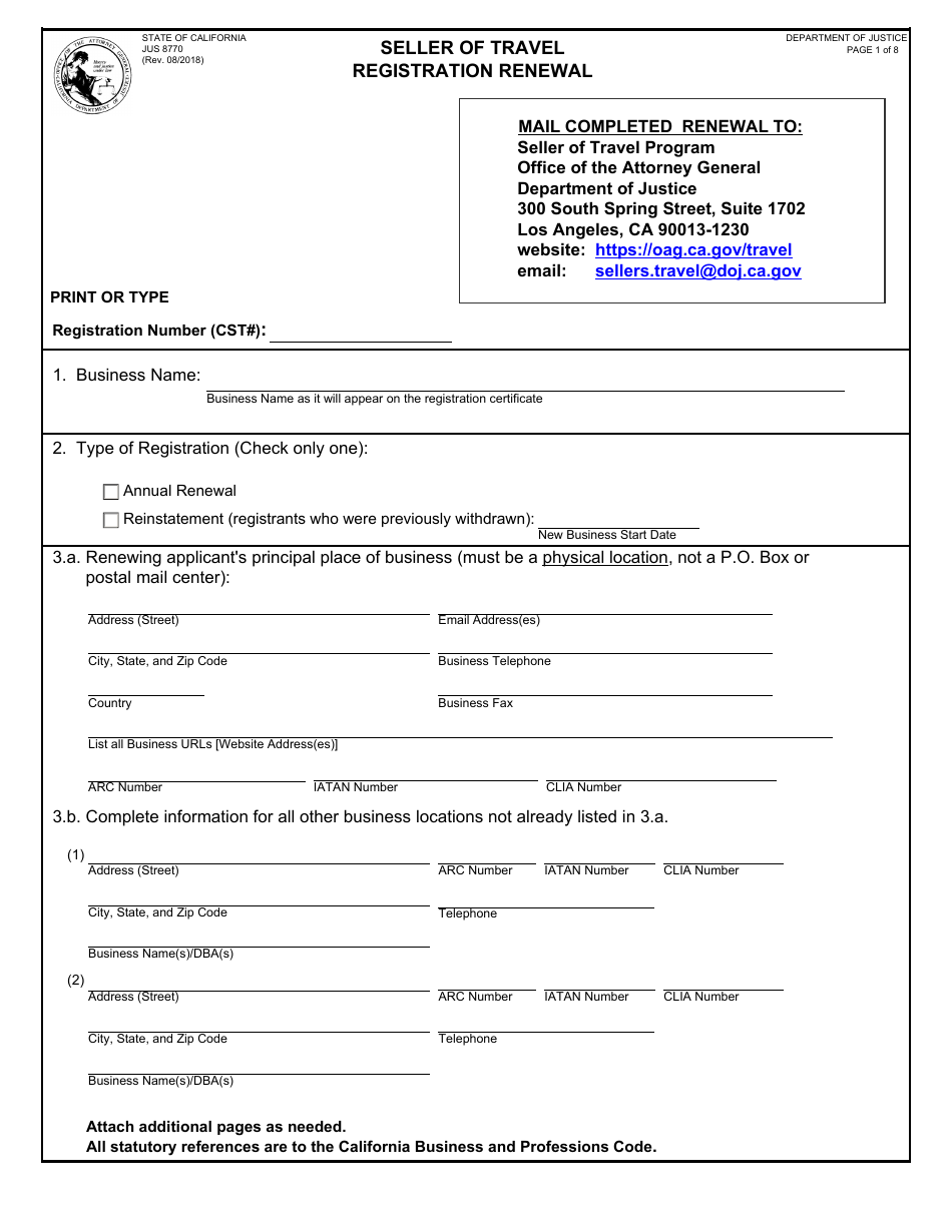 Form JUS8770 Seller of Travel Registration Renewal - California, Page 1