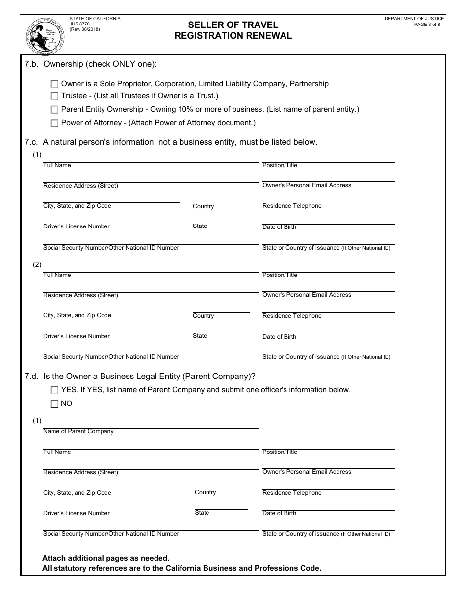 Form JUS8770 Seller of Travel Registration Renewal - California, Page 3