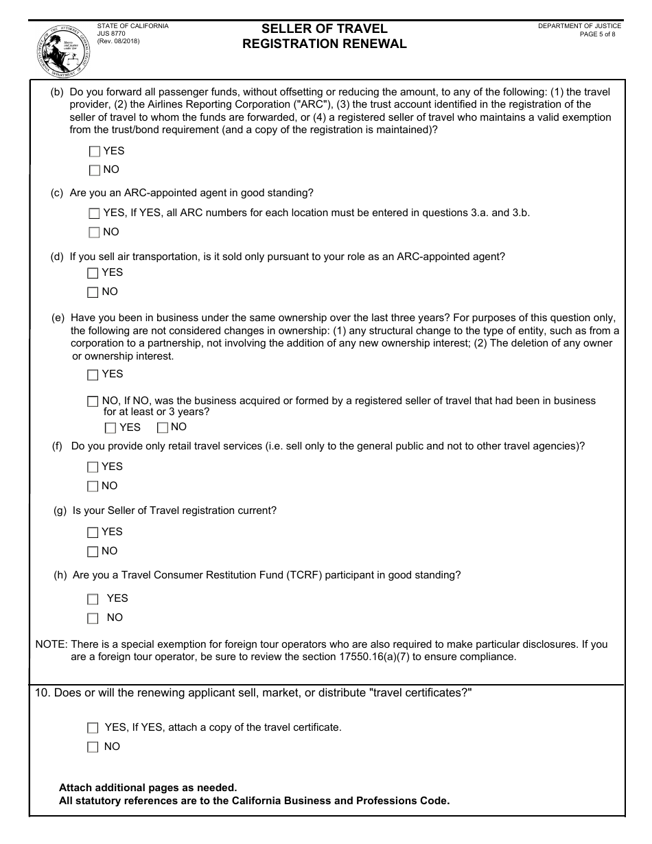 Form JUS8770 Seller of Travel Registration Renewal - California, Page 5