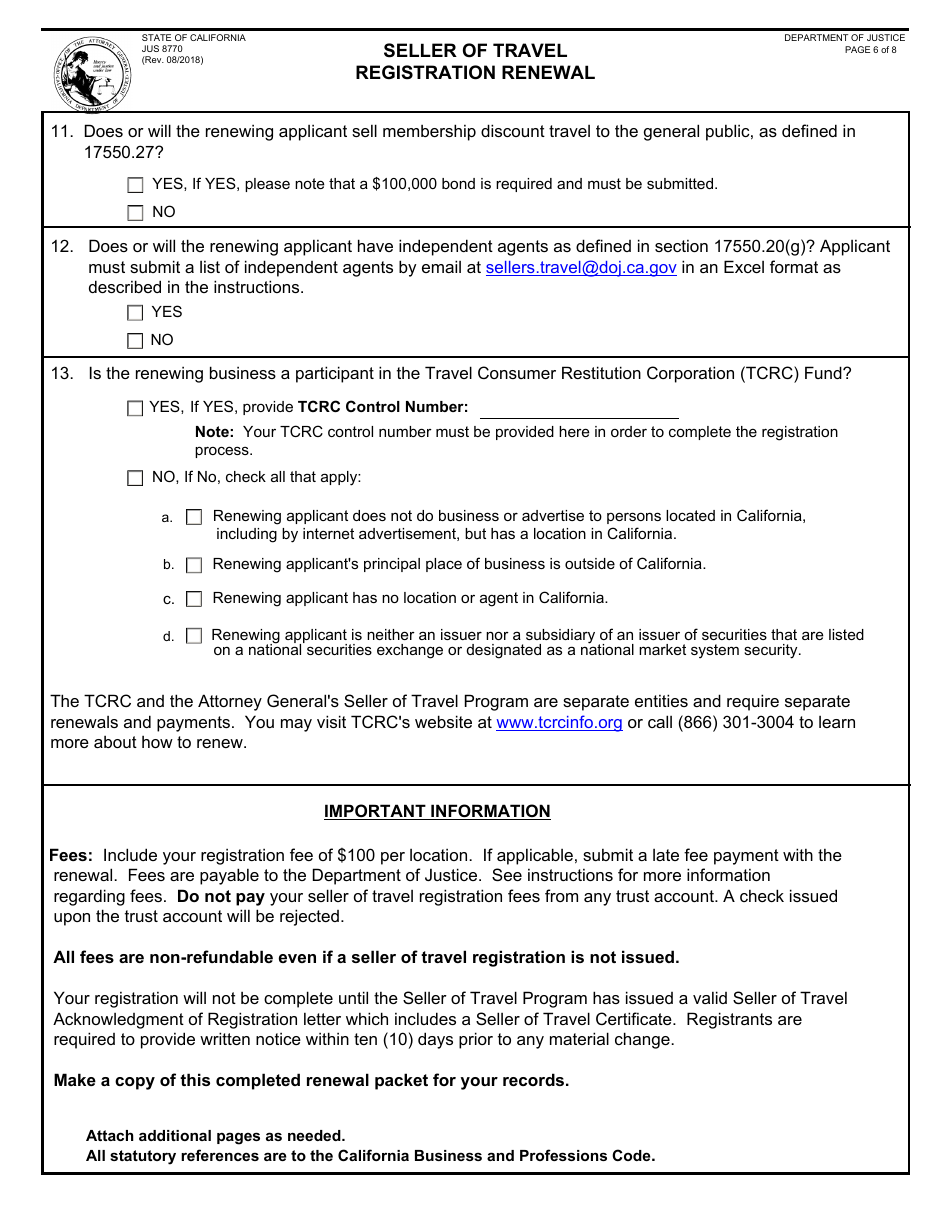 Form JUS8770 Seller of Travel Registration Renewal - California, Page 6