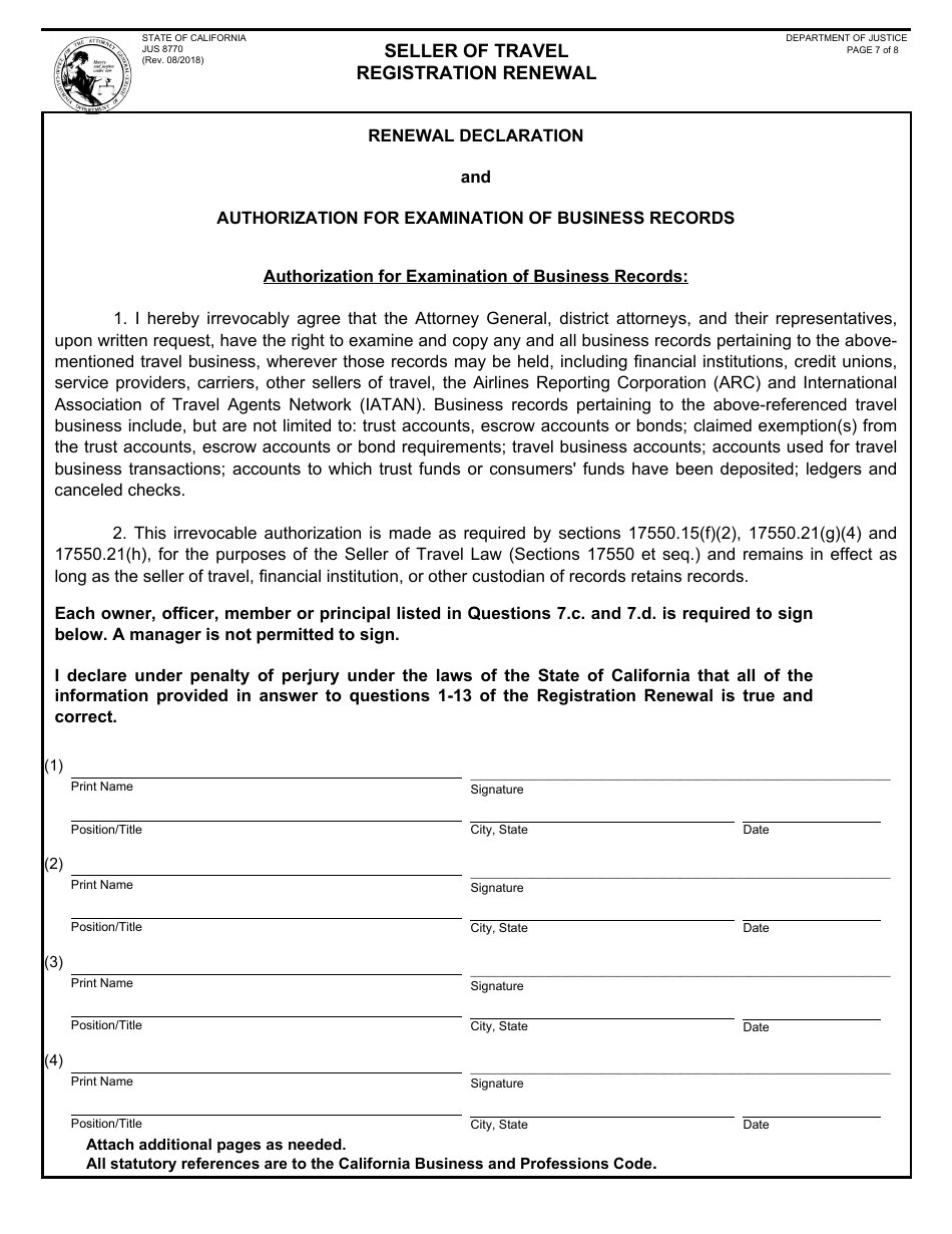 Form JUS8770 Seller of Travel Registration Renewal - California, Page 7