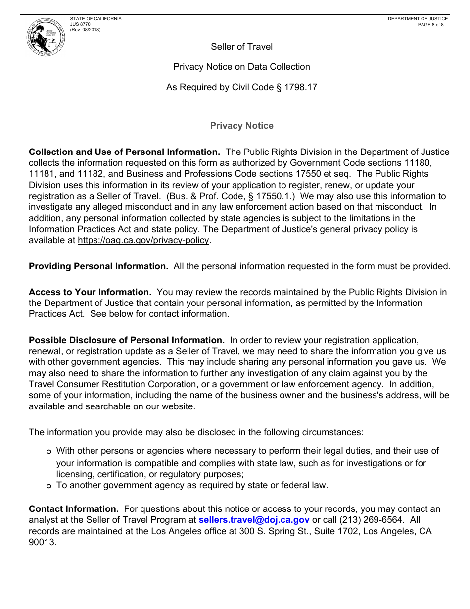 Form JUS8770 Seller of Travel Registration Renewal - California, Page 8