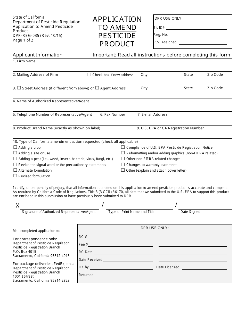 Form DPR-REG-035 Application to Amend Pesticide Product - California, Page 1