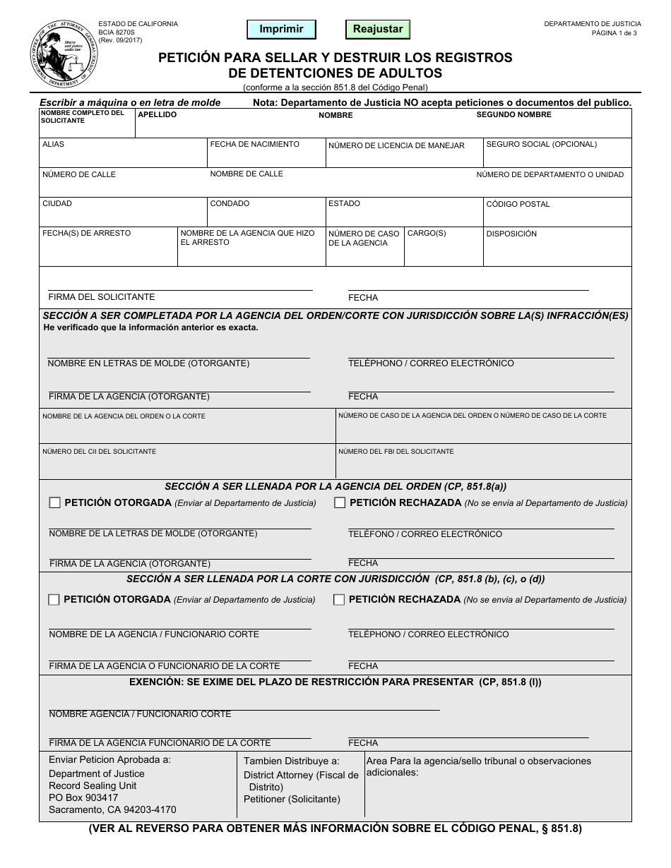 Formulario BCIA8270S Peticion Para Sellar Y Destruir Los Registros De Detentciones De Adultos - California (Spanish), Page 1