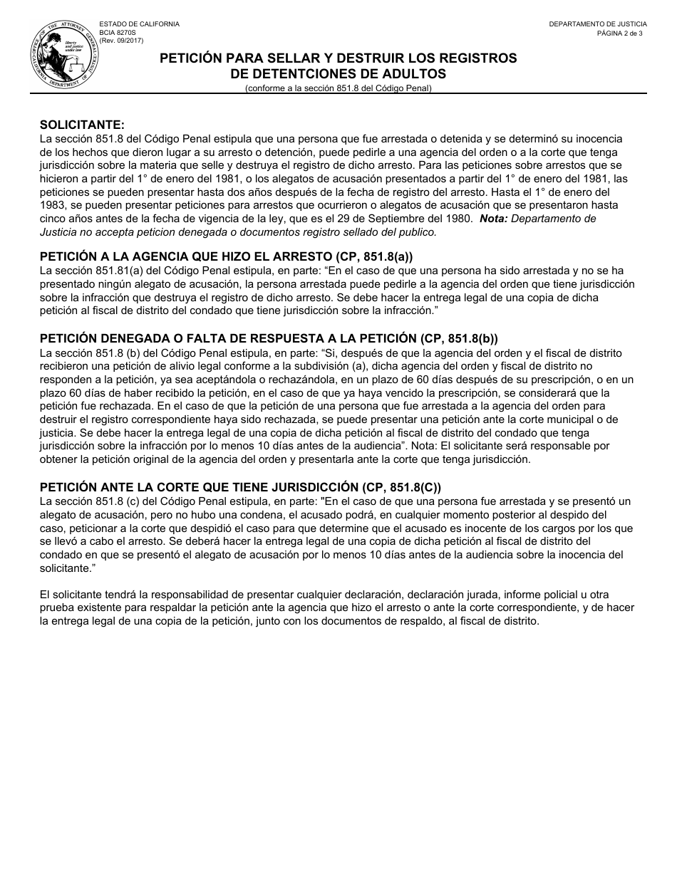 Formulario BCIA8270S Peticion Para Sellar Y Destruir Los Registros De Detentciones De Adultos - California (Spanish), Page 2