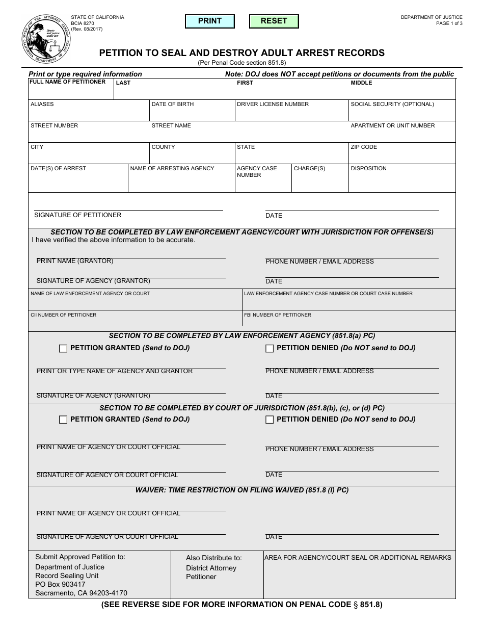 Form BCIA8270 Petition to Seal and Destroy Adult Arrest Records - California, Page 1