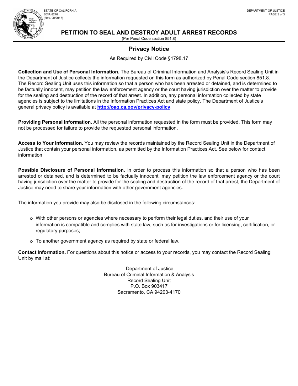 Form BCIA8270 Petition to Seal and Destroy Adult Arrest Records - California, Page 3
