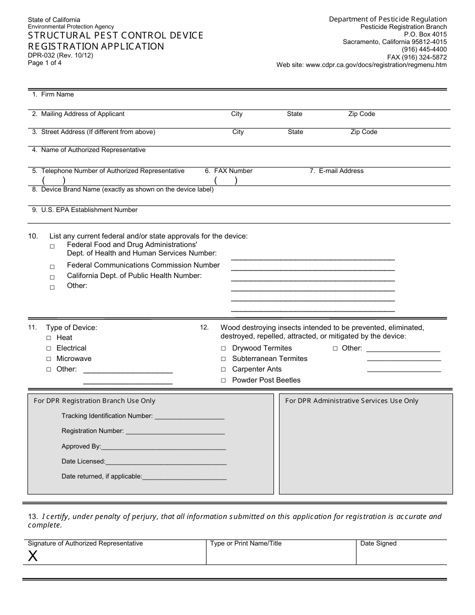 Form DPR-032 Structural Pest Control Device Registration Application - California, Page 1
