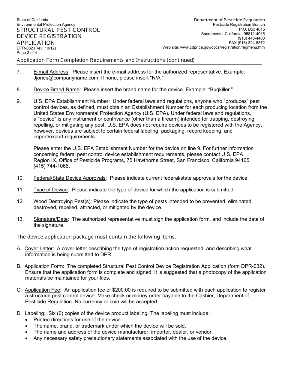 Form DPR-032 Structural Pest Control Device Registration Application - California, Page 3