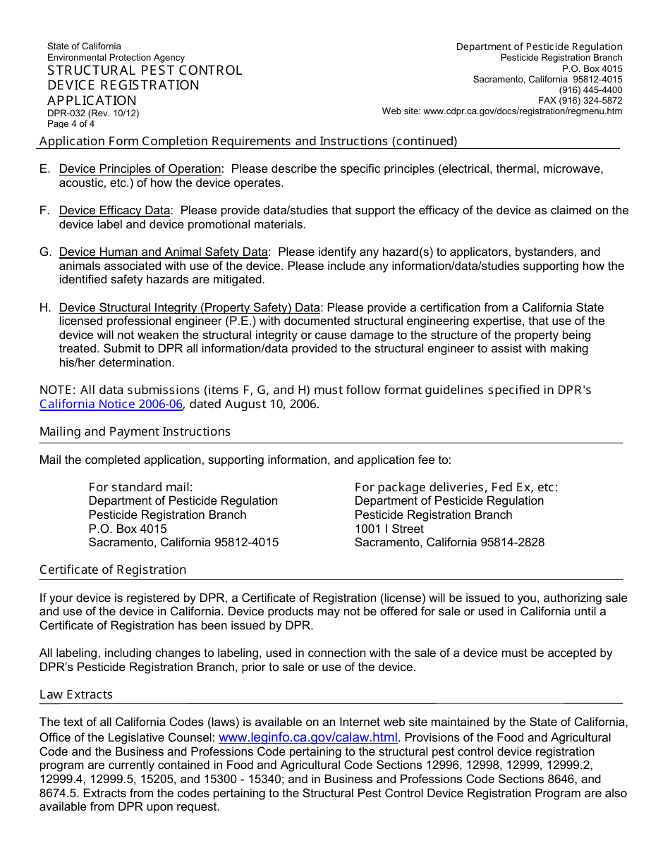Form DPR-032 Structural Pest Control Device Registration Application - California, Page 4