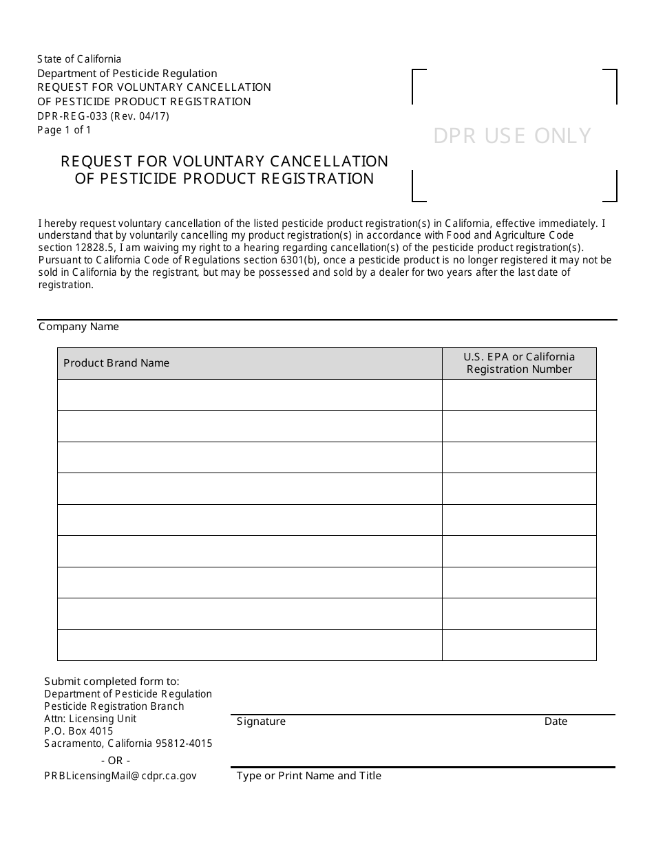 Form DPR-REG-033 Request for Voluntary Cancellation of Pesticide Product Registration - California, Page 1