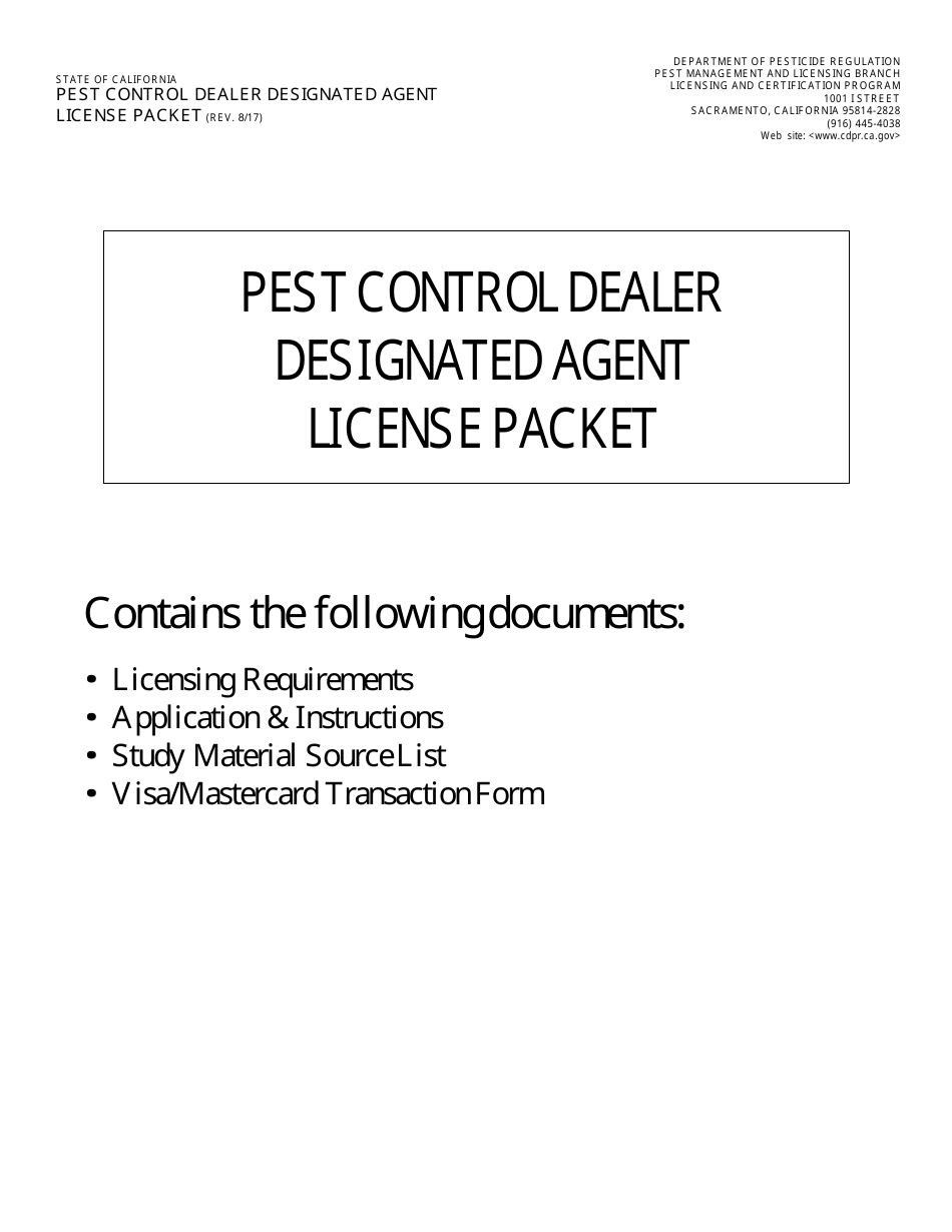 Pest Control Dealer Designated Agent License Packet - California, Page 1