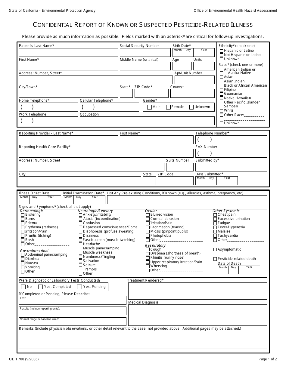 Form OEH700 Confidential Report of Known or Suspected Pesticide-Related Illness - California, Page 1
