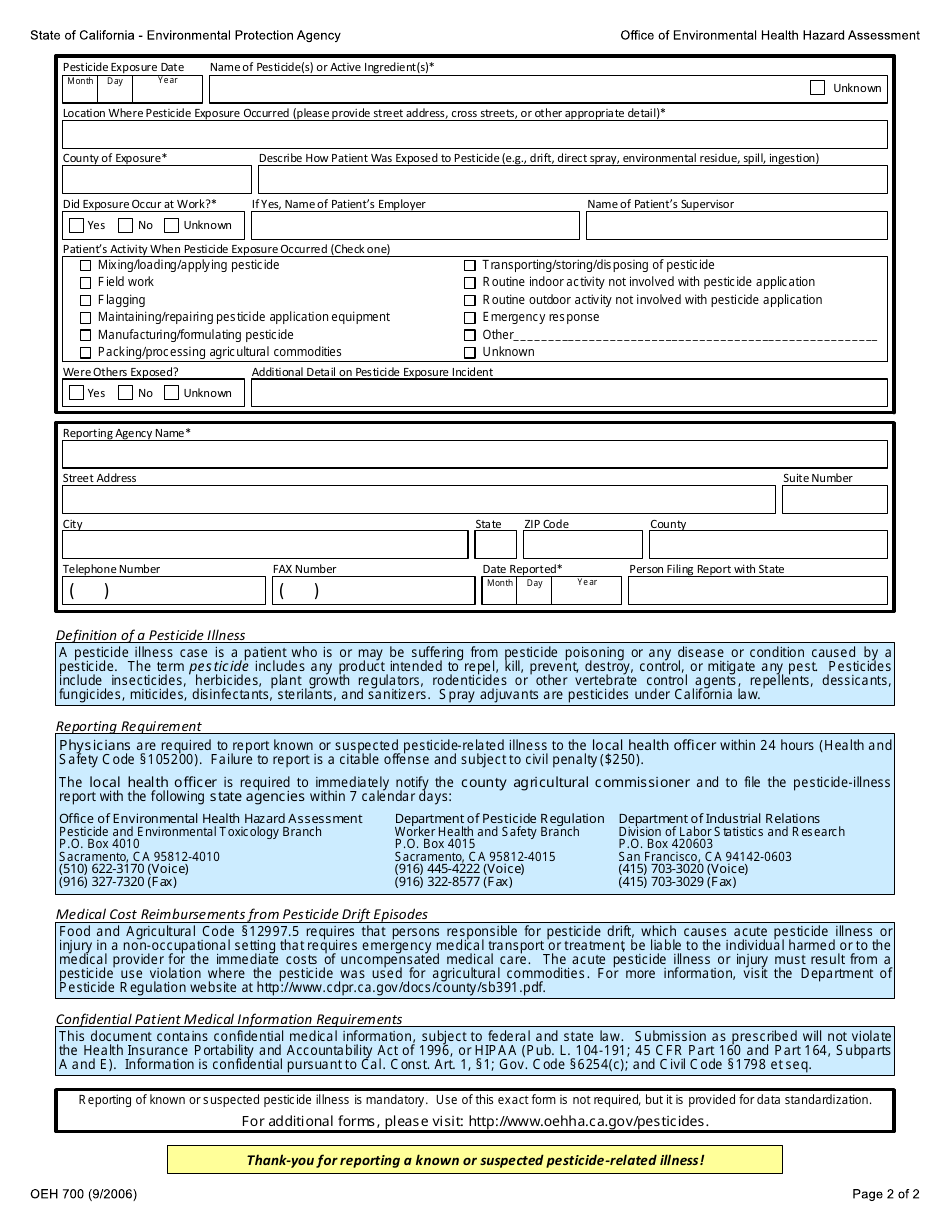 Form OEH700 Confidential Report of Known or Suspected Pesticide-Related Illness - California, Page 2