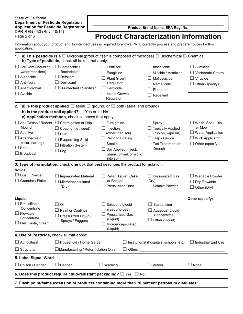 Form DPR-REG-030 Application for Pesticide Registration - California, Page 2
