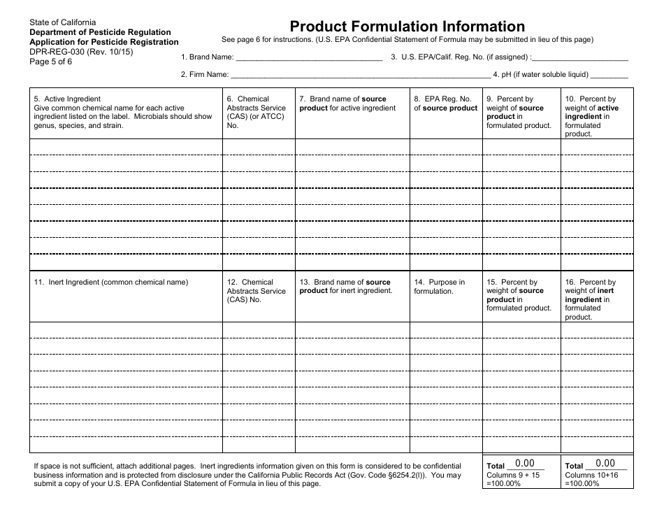 Form DPR-REG-030 Application for Pesticide Registration - California, Page 5