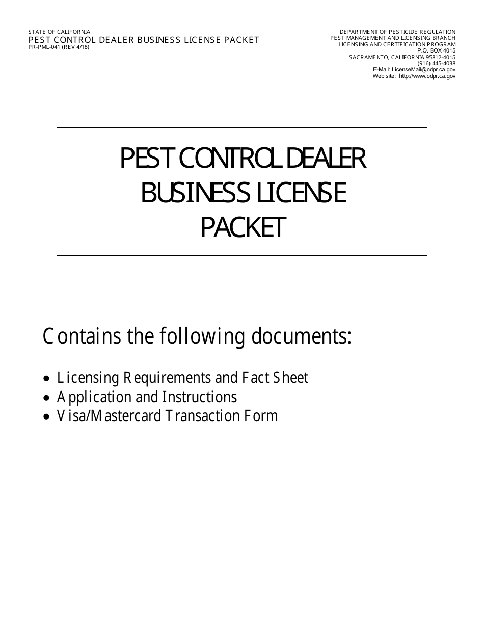 Pest Control Dealer Business License Packet - California, Page 1
