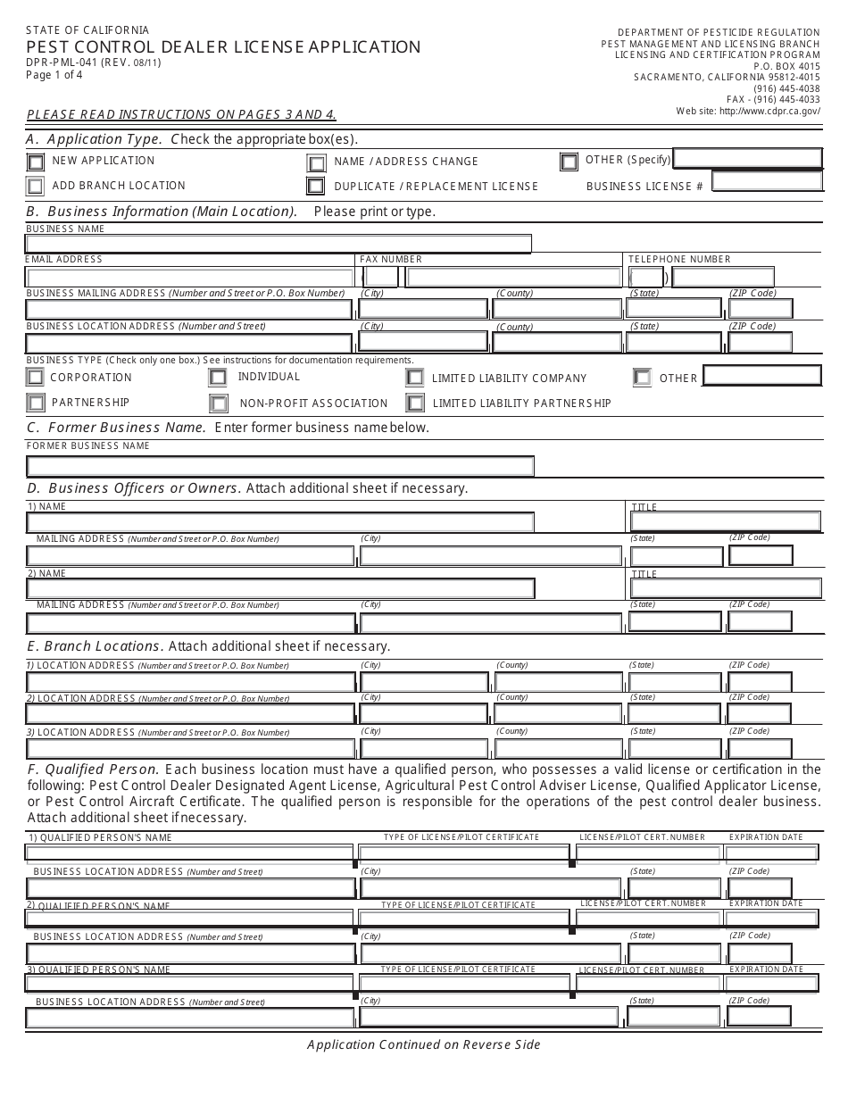 California Pest Control Dealer Business License Packet Fill Out, Sign
