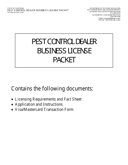 Pest Control Dealer Business License Packet - California