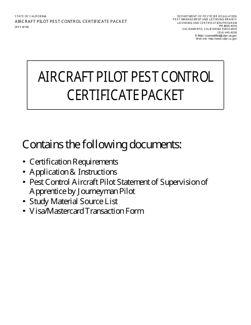 Aircraft Pilot Pest Control Certificate Packet - California