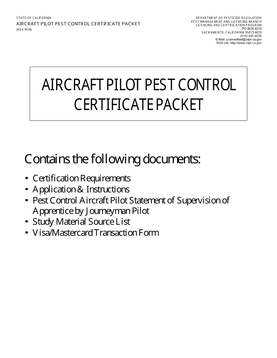 Aircraft Pilot Pest Control Certificate Packet - California, Page 1