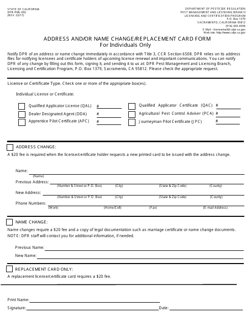 Form DPR-PML-002 Address and/or Name Change/Replacement Card Form for Individuals Only - California