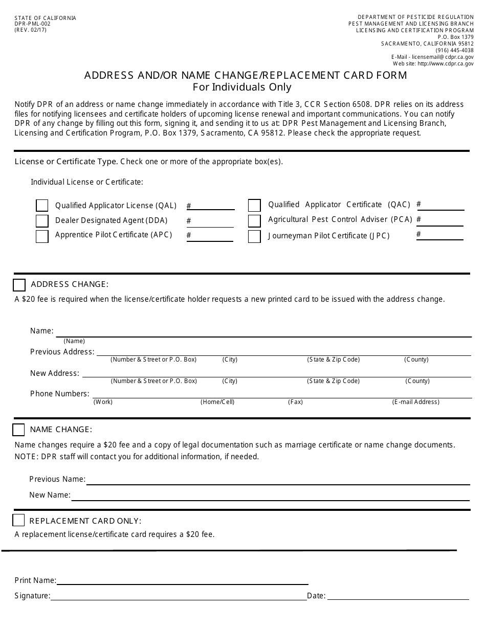 Form DPR-PML-002 Address and / or Name Change / Replacement Card Form for Individuals Only - California, Page 1