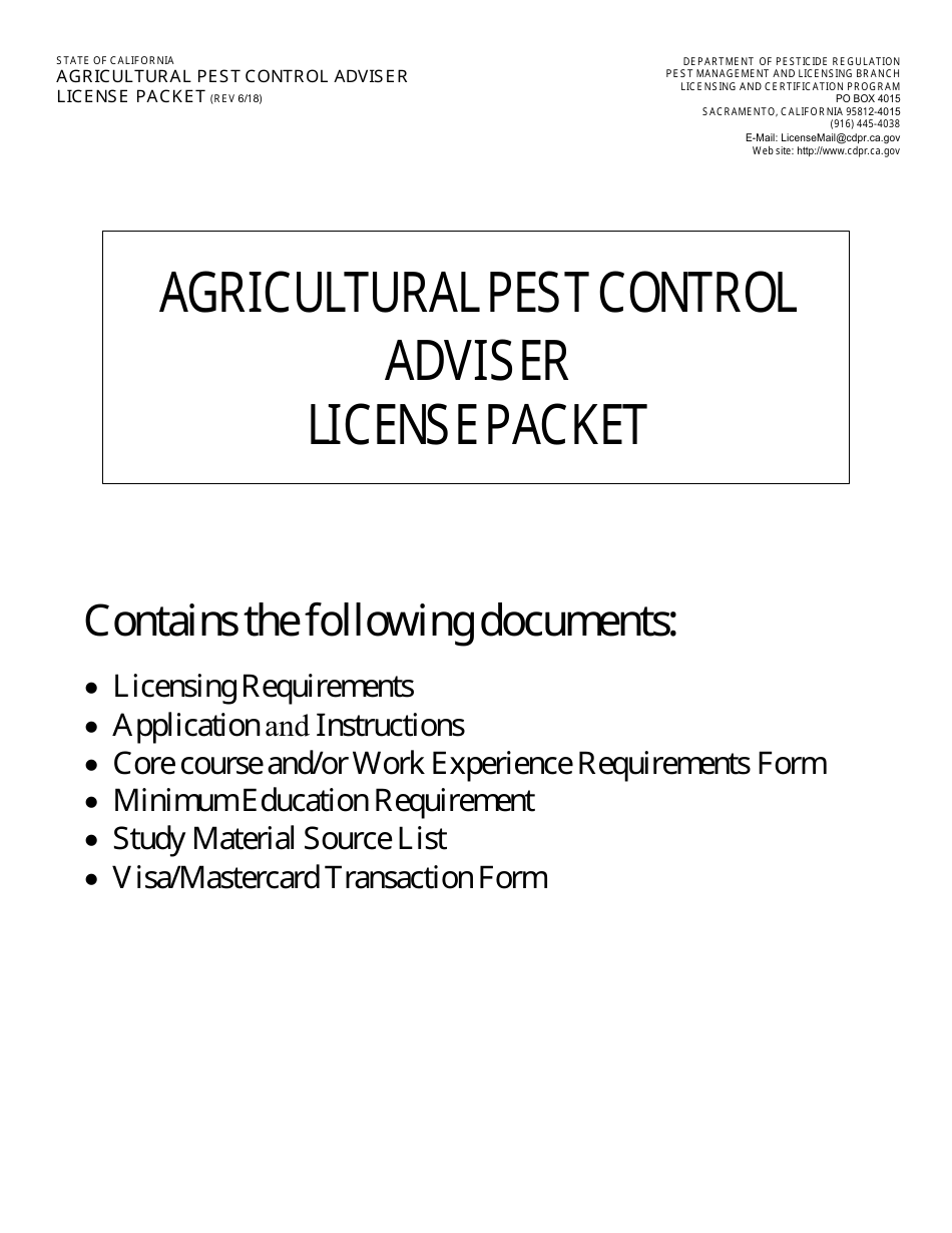Agricultural Pest Control Adviser License Packet - California, Page 1