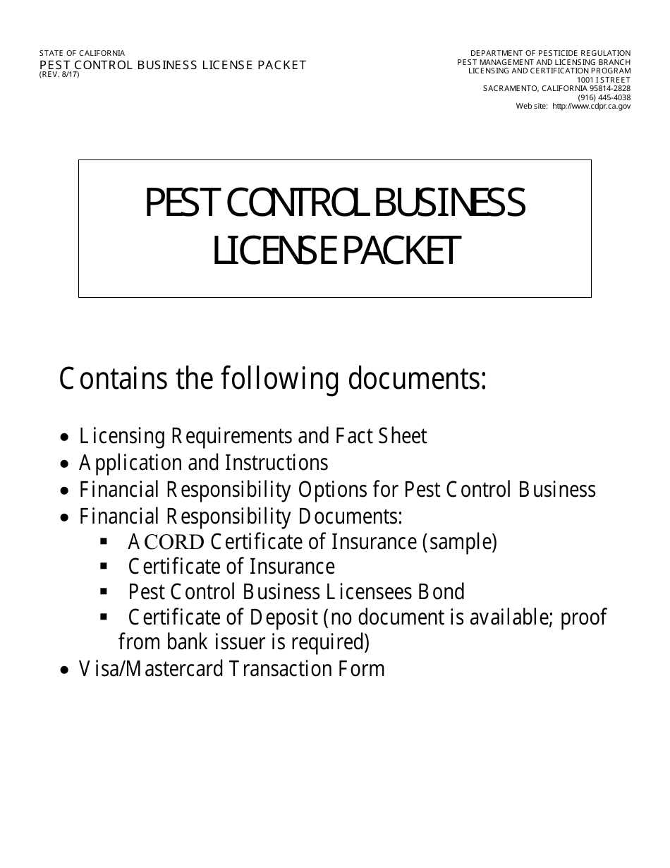 Pest Control Business License Packet - California, Page 1