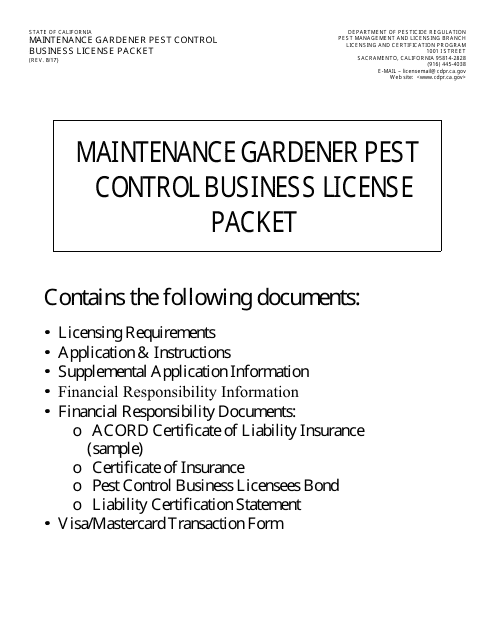 Maintenance Gardener Pest Control Business License Packet - California